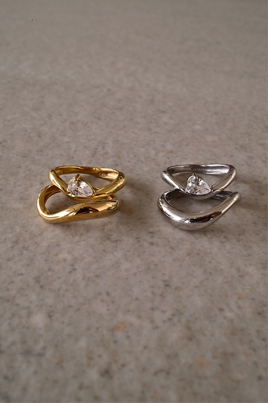 Gold vermeil and silver duet ring sets displayed side by side